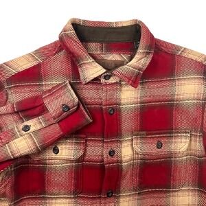 Orvis Perfect Flannel Mens Red Beige Plaid Shirt Medium Double Flap Pockets